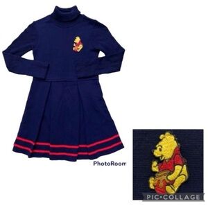 Vintage Disney Sears Winnie the Pooh Sweater Dress Size 6X Navy Blue Red Stripes